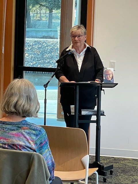 Marian Exall presenting Daughters of Riga at Winthrop Library